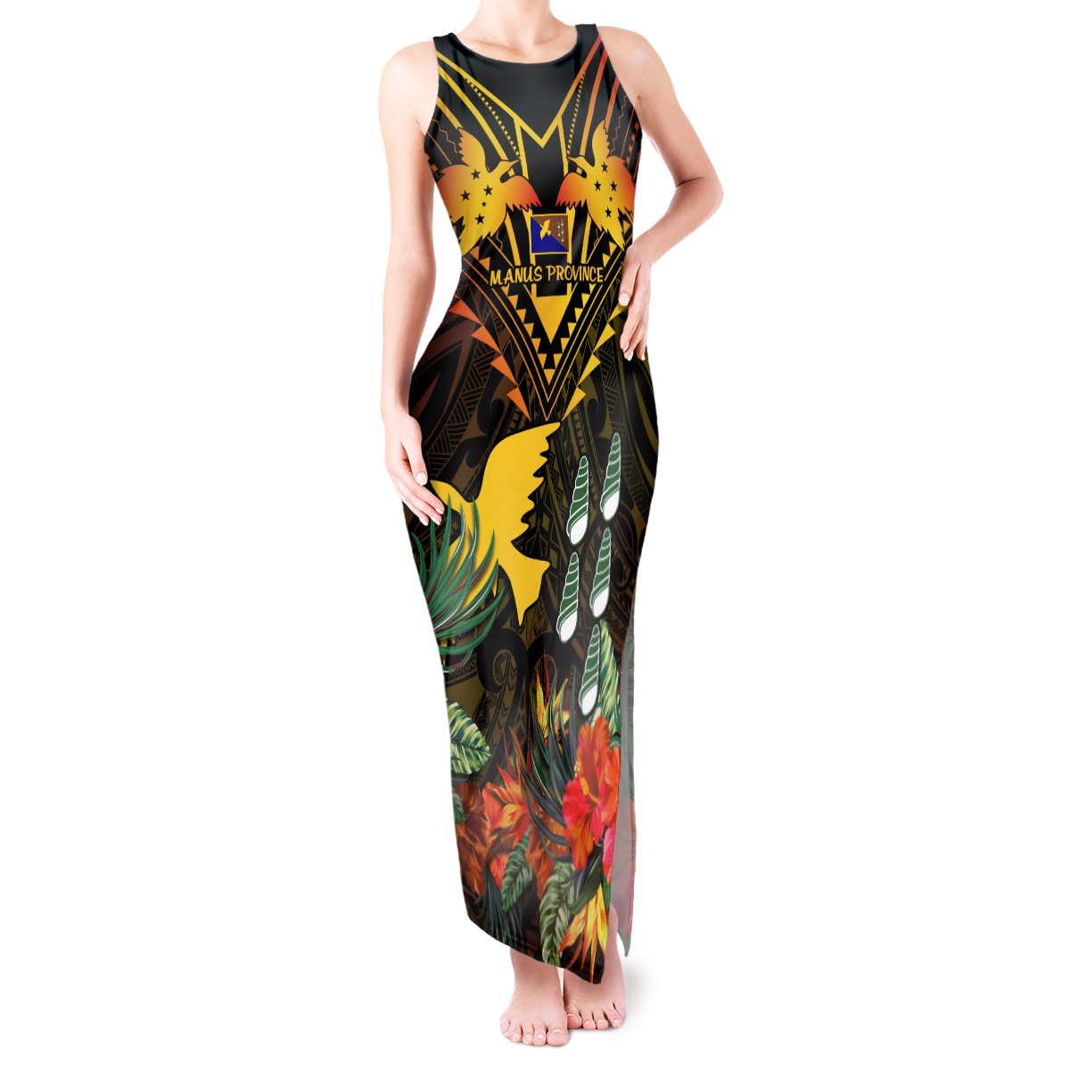 Papua New Guinea Manus Province Tank Maxi Dress Papua Niugini Coat Of Arms With Flag Style LT14 Women Black - Polynesian Pride