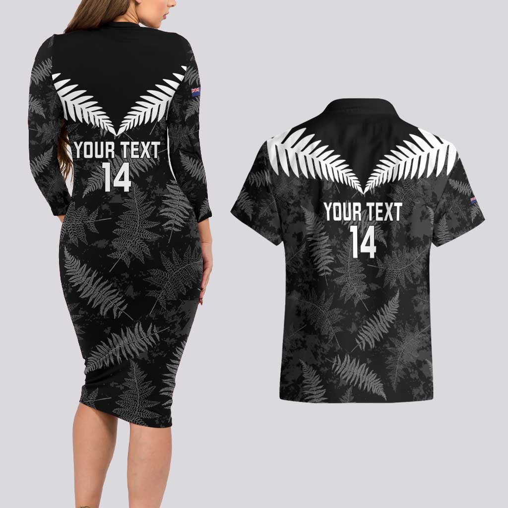 Custom New Zealand Silver Fern Football Couples Matching Long Sleeve Bodycon Dress and Hawaiian Shirt Go Aotearoa Grunge Black LT14 - Polynesian Pride