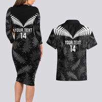 Custom New Zealand Silver Fern Football Couples Matching Long Sleeve Bodycon Dress and Hawaiian Shirt Go Aotearoa Grunge Black LT14 - Polynesian Pride