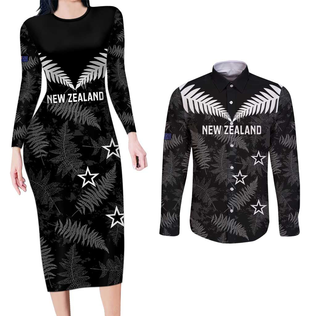 Custom New Zealand Silver Fern Football Couples Matching Long Sleeve Bodycon Dress and Long Sleeve Button Shirt Go Aotearoa Grunge Black LT14 Black - Polynesian Pride