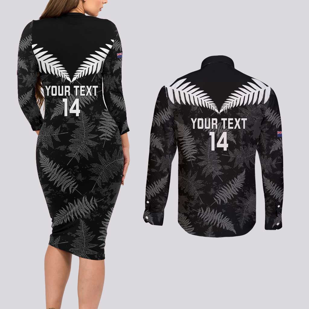 Custom New Zealand Silver Fern Football Couples Matching Long Sleeve Bodycon Dress and Long Sleeve Button Shirt Go Aotearoa Grunge Black LT14 - Polynesian Pride