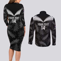 Custom New Zealand Silver Fern Football Couples Matching Long Sleeve Bodycon Dress and Long Sleeve Button Shirt Go Aotearoa Grunge Black LT14 - Polynesian Pride