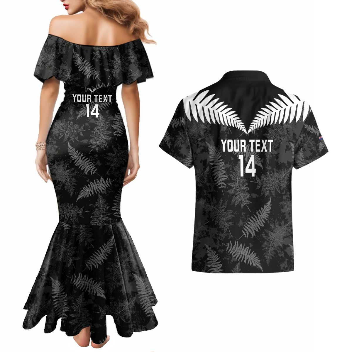 Custom New Zealand Silver Fern Football Couples Matching Mermaid Dress and Hawaiian Shirt Go Aotearoa Grunge Black LT14 - Polynesian Pride