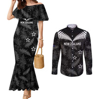 Custom New Zealand Silver Fern Football Couples Matching Mermaid Dress and Long Sleeve Button Shirt Go Aotearoa Grunge Black LT14 Black - Polynesian Pride