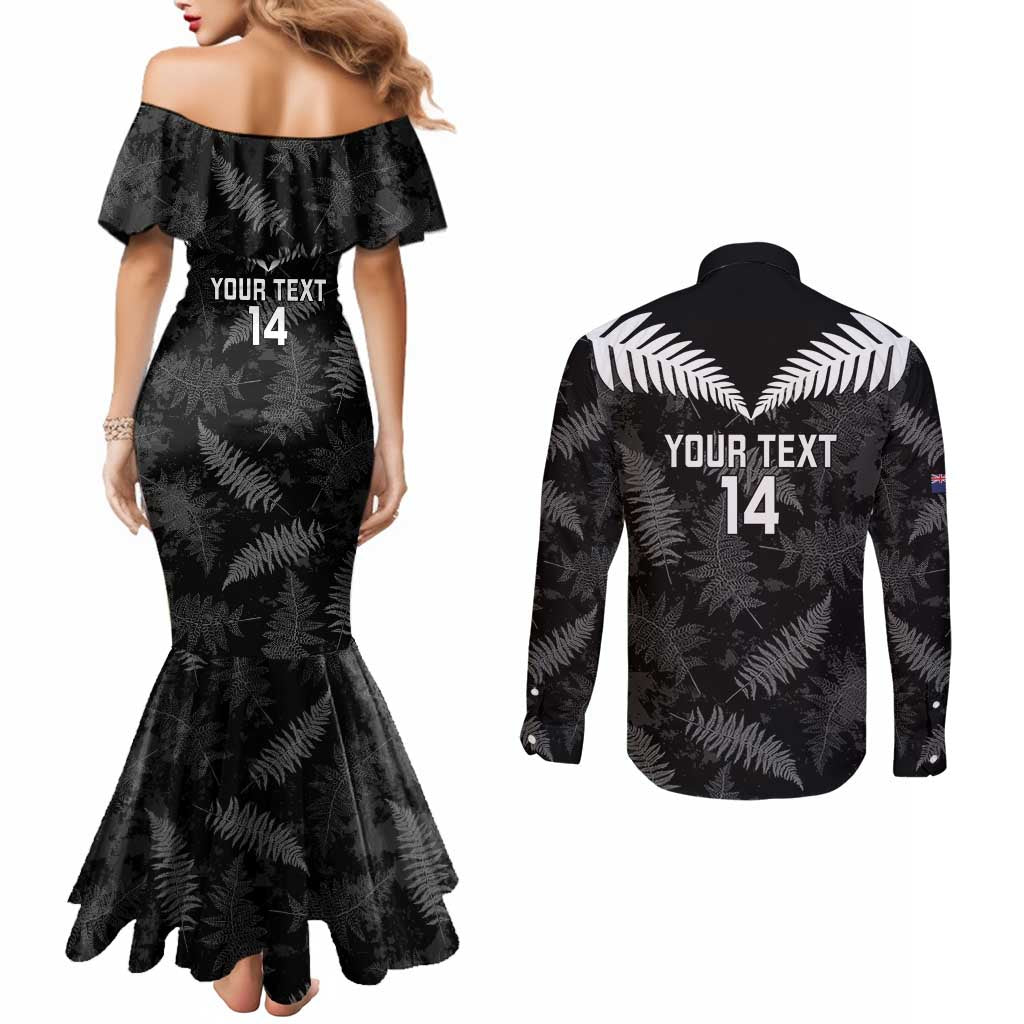 Custom New Zealand Silver Fern Football Couples Matching Mermaid Dress and Long Sleeve Button Shirt Go Aotearoa Grunge Black LT14 - Polynesian Pride