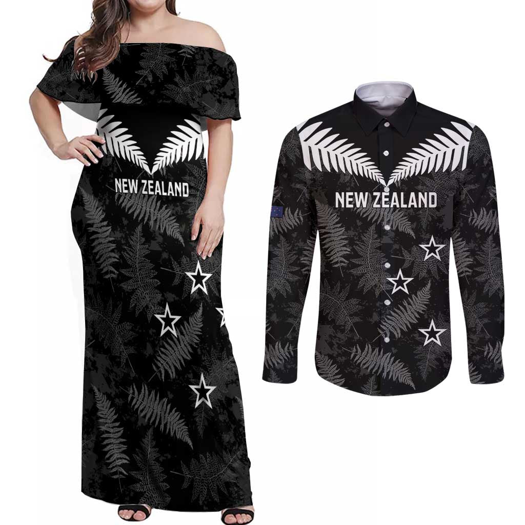 Custom New Zealand Silver Fern Football Couples Matching Off Shoulder Maxi Dress and Long Sleeve Button Shirt Go Aotearoa Grunge Black LT14 Black - Polynesian Pride