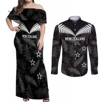 Custom New Zealand Silver Fern Football Couples Matching Off Shoulder Maxi Dress and Long Sleeve Button Shirt Go Aotearoa Grunge Black LT14 Black - Polynesian Pride
