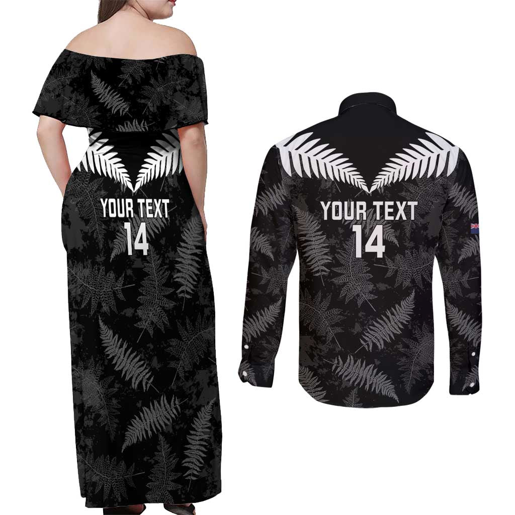 Custom New Zealand Silver Fern Football Couples Matching Off Shoulder Maxi Dress and Long Sleeve Button Shirt Go Aotearoa Grunge Black LT14 - Polynesian Pride