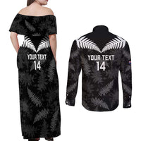 Custom New Zealand Silver Fern Football Couples Matching Off Shoulder Maxi Dress and Long Sleeve Button Shirt Go Aotearoa Grunge Black LT14 - Polynesian Pride