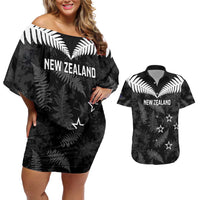 Custom New Zealand Silver Fern Football Couples Matching Off Shoulder Short Dress and Hawaiian Shirt Go Aotearoa Grunge Black LT14 Black - Polynesian Pride