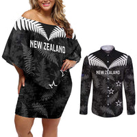 Custom New Zealand Silver Fern Football Couples Matching Off Shoulder Short Dress and Long Sleeve Button Shirt Go Aotearoa Grunge Black LT14 Black - Polynesian Pride