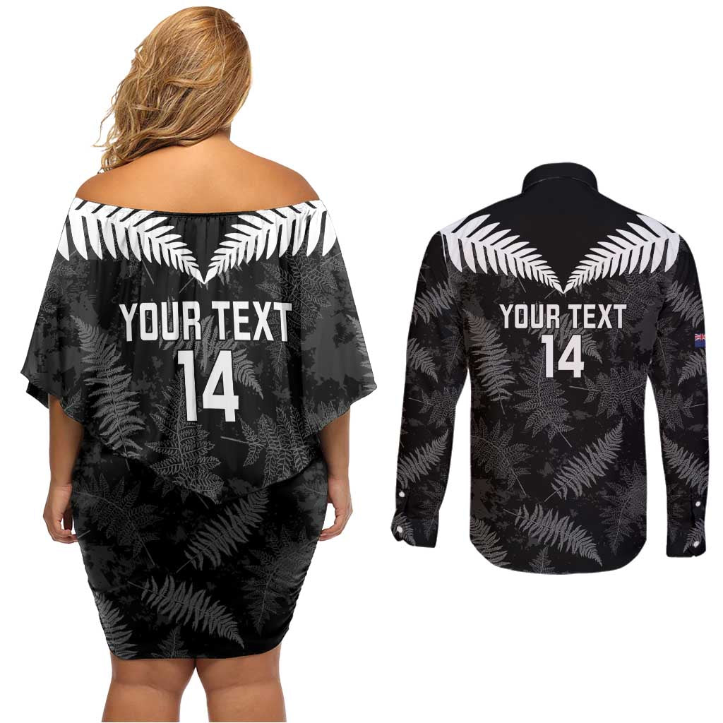 Custom New Zealand Silver Fern Football Couples Matching Off Shoulder Short Dress and Long Sleeve Button Shirt Go Aotearoa Grunge Black LT14 - Polynesian Pride