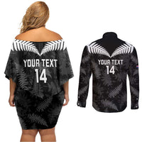 Custom New Zealand Silver Fern Football Couples Matching Off Shoulder Short Dress and Long Sleeve Button Shirt Go Aotearoa Grunge Black LT14 - Polynesian Pride