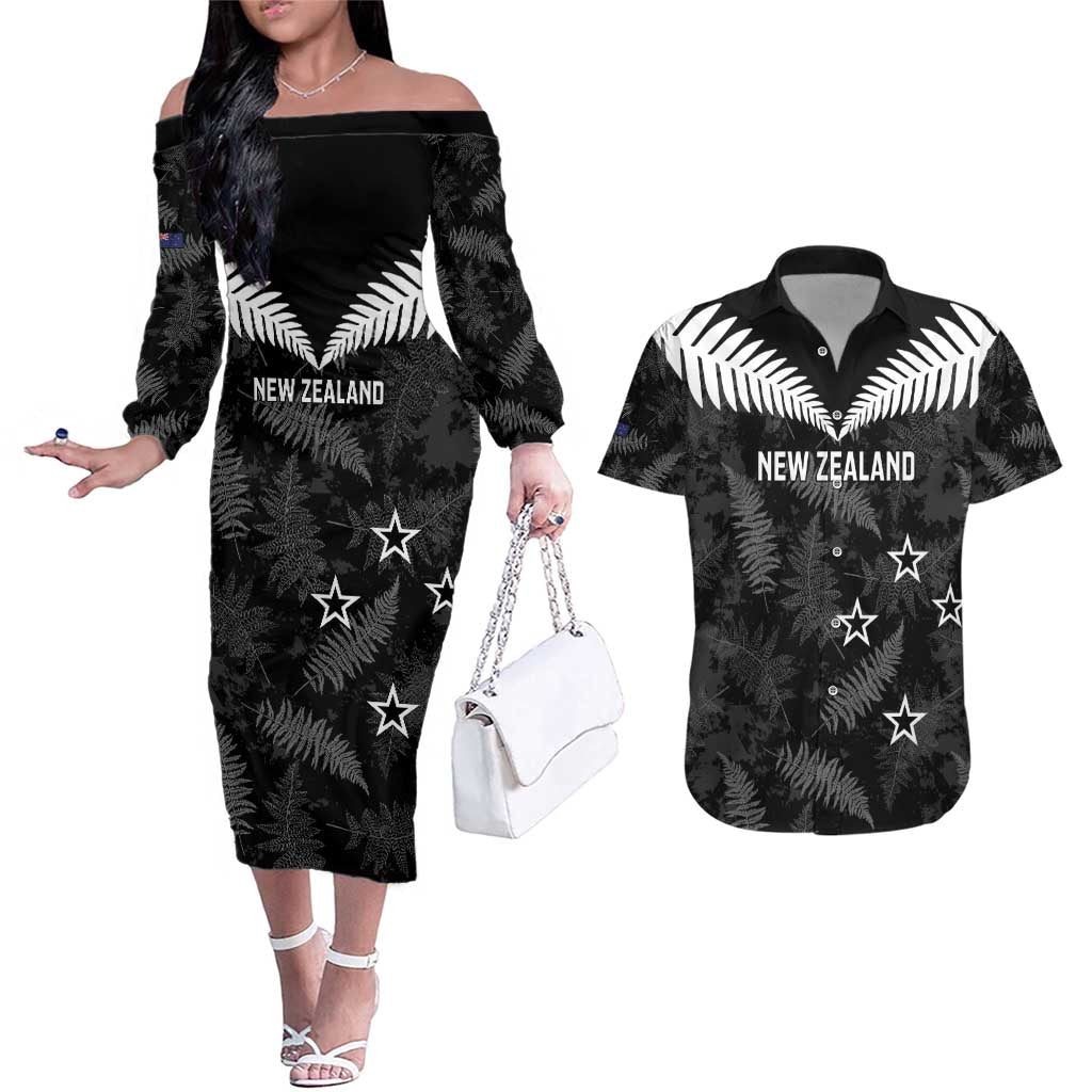 Custom New Zealand Silver Fern Football Couples Matching Off The Shoulder Long Sleeve Dress and Hawaiian Shirt Go Aotearoa Grunge Black LT14 Black - Polynesian Pride