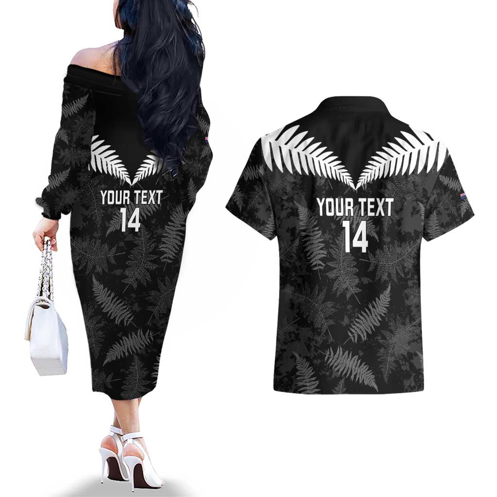 Custom New Zealand Silver Fern Football Couples Matching Off The Shoulder Long Sleeve Dress and Hawaiian Shirt Go Aotearoa Grunge Black LT14 - Polynesian Pride