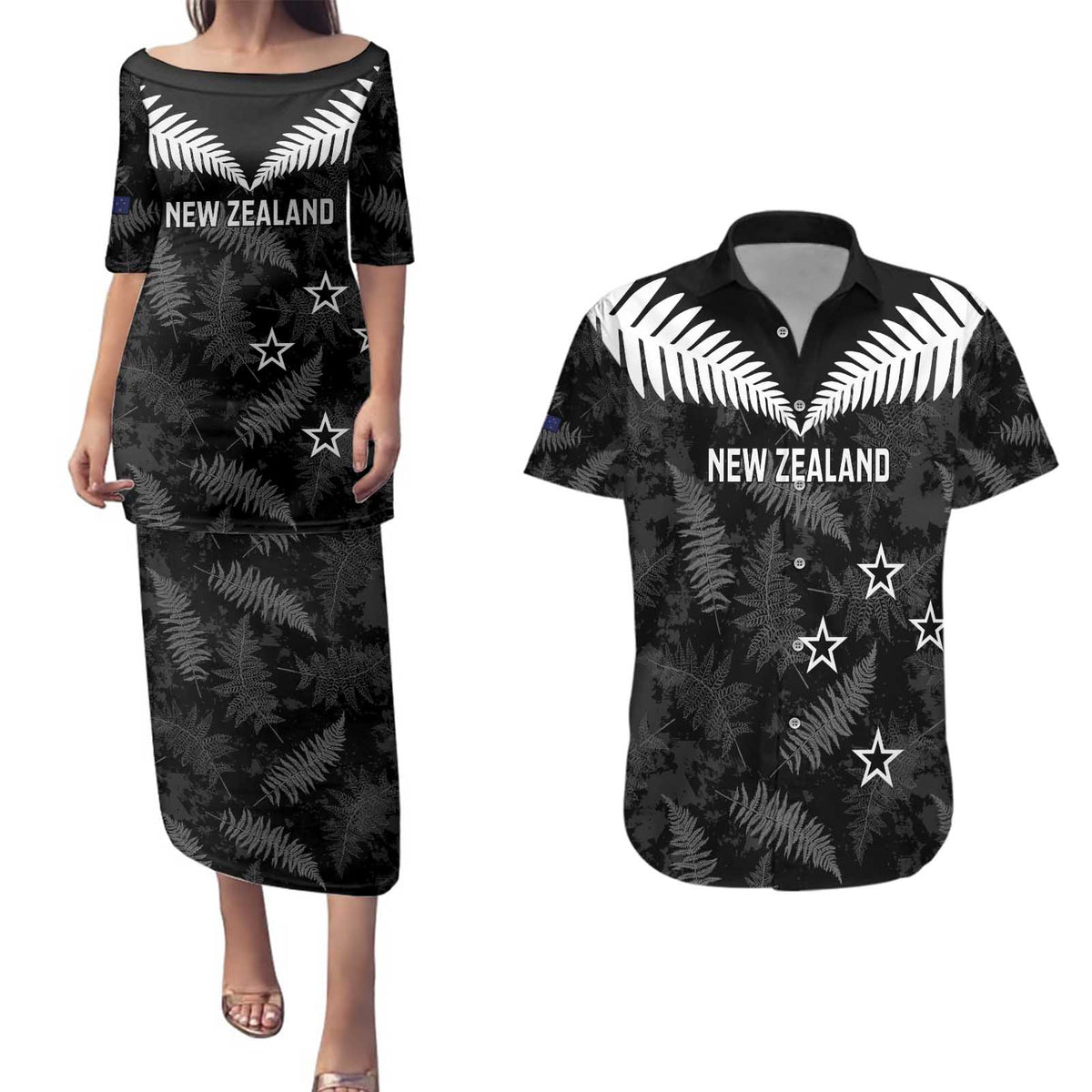 Custom New Zealand Silver Fern Football Couples Matching Puletasi and Hawaiian Shirt Go Aotearoa Grunge Black LT14 Black - Polynesian Pride