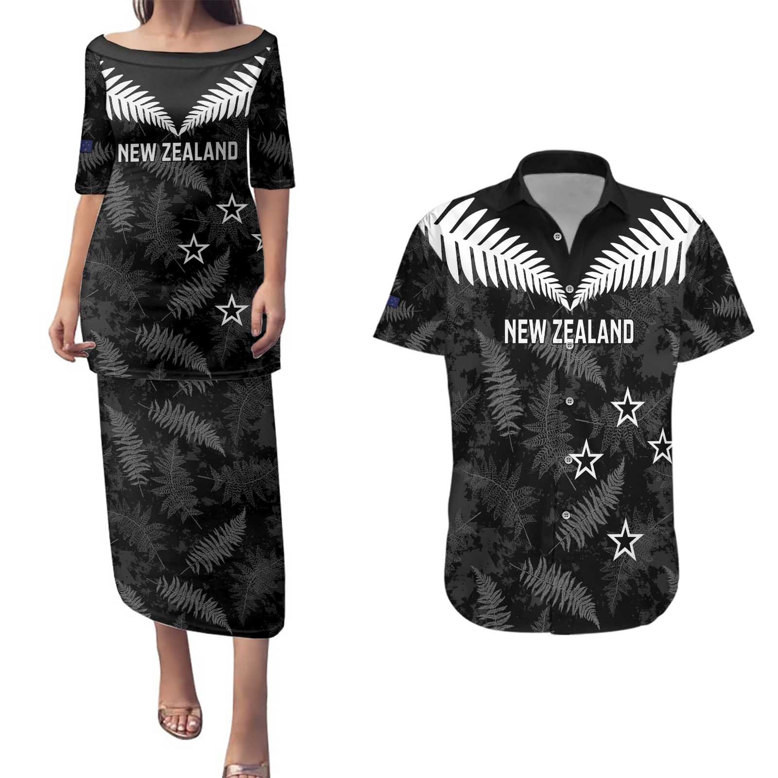 Custom New Zealand Silver Fern Football Couples Matching Puletasi and Hawaiian Shirt Go Aotearoa Grunge Black - Polynesian Pride