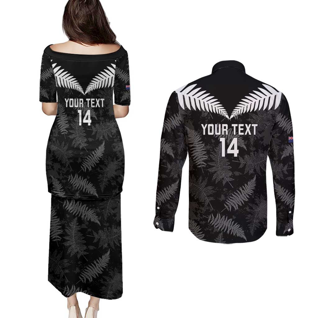 Custom New Zealand Silver Fern Football Couples Matching Puletasi and Long Sleeve Button Shirt Go Aotearoa Grunge Black LT14 - Polynesian Pride