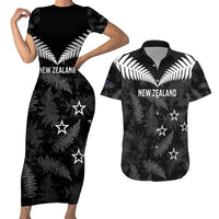 Custom New Zealand Silver Fern Football Couples Matching Short Sleeve Bodycon Dress and Hawaiian Shirt Go Aotearoa Grunge Black LT14 Black - Polynesian Pride