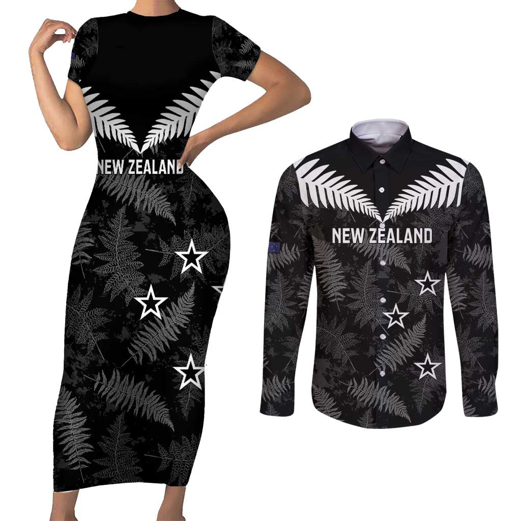 Custom New Zealand Silver Fern Football Couples Matching Short Sleeve Bodycon Dress and Long Sleeve Button Shirt Go Aotearoa Grunge Black LT14 Black - Polynesian Pride