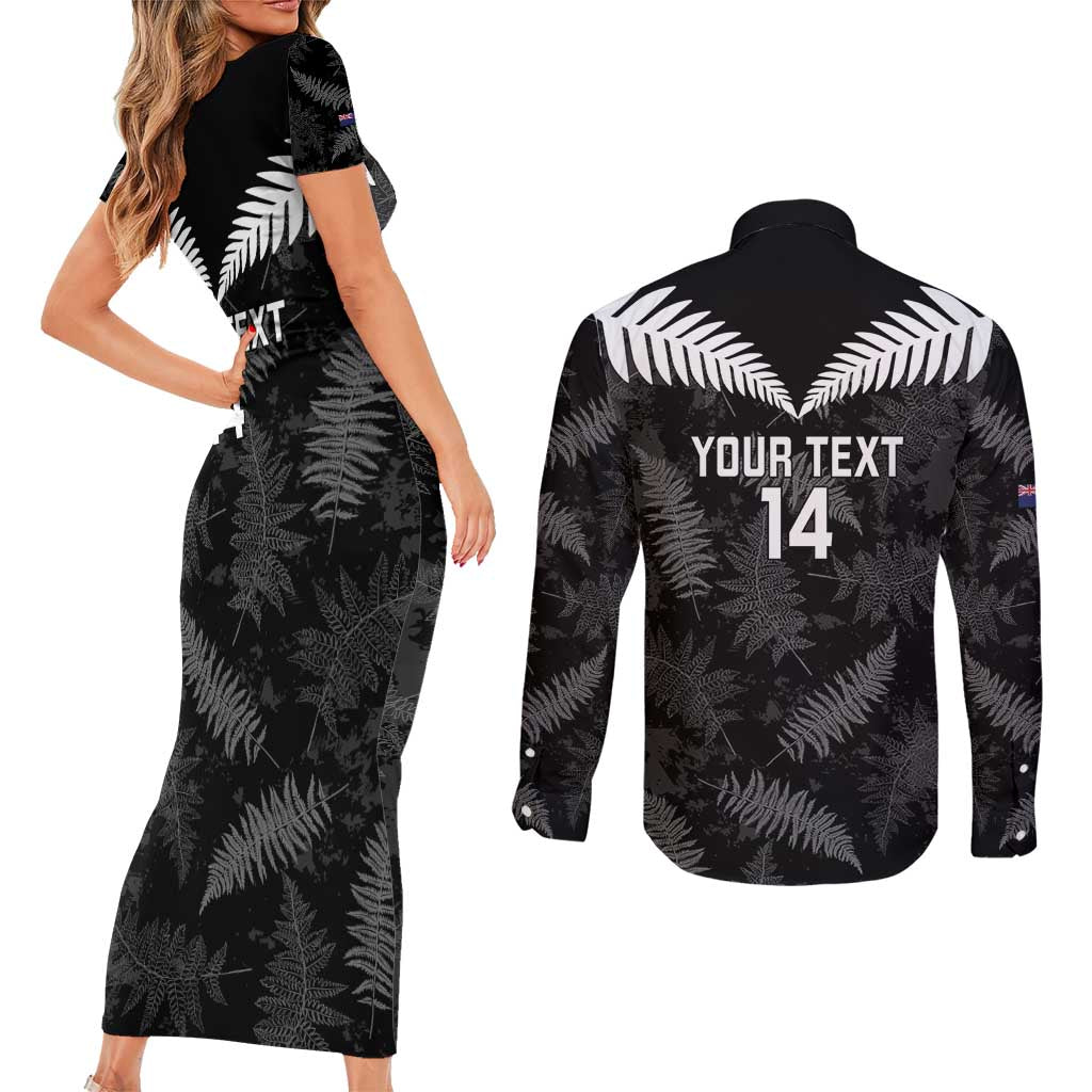 Custom New Zealand Silver Fern Football Couples Matching Short Sleeve Bodycon Dress and Long Sleeve Button Shirt Go Aotearoa Grunge Black LT14 - Polynesian Pride