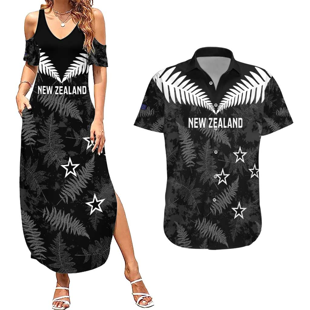 Custom New Zealand Silver Fern Football Couples Matching Summer Maxi Dress and Hawaiian Shirt Go Aotearoa Grunge Black LT14 Black - Polynesian Pride