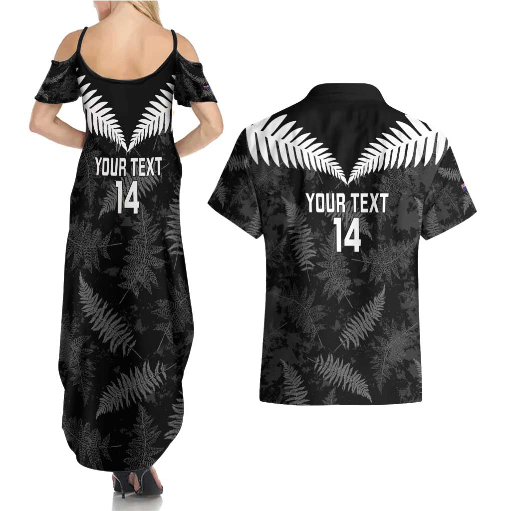 Custom New Zealand Silver Fern Football Couples Matching Summer Maxi Dress and Hawaiian Shirt Go Aotearoa Grunge Black LT14 - Polynesian Pride