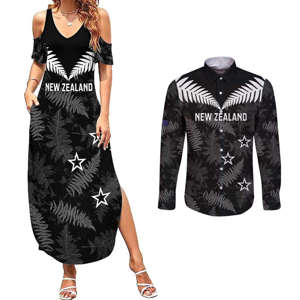 Custom New Zealand Silver Fern Football Couples Matching Summer Maxi Dress and Long Sleeve Button Shirt Go Aotearoa Grunge Black - Polynesian Pride