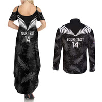 Custom New Zealand Silver Fern Football Couples Matching Summer Maxi Dress and Long Sleeve Button Shirt Go Aotearoa Grunge Black LT14 - Polynesian Pride