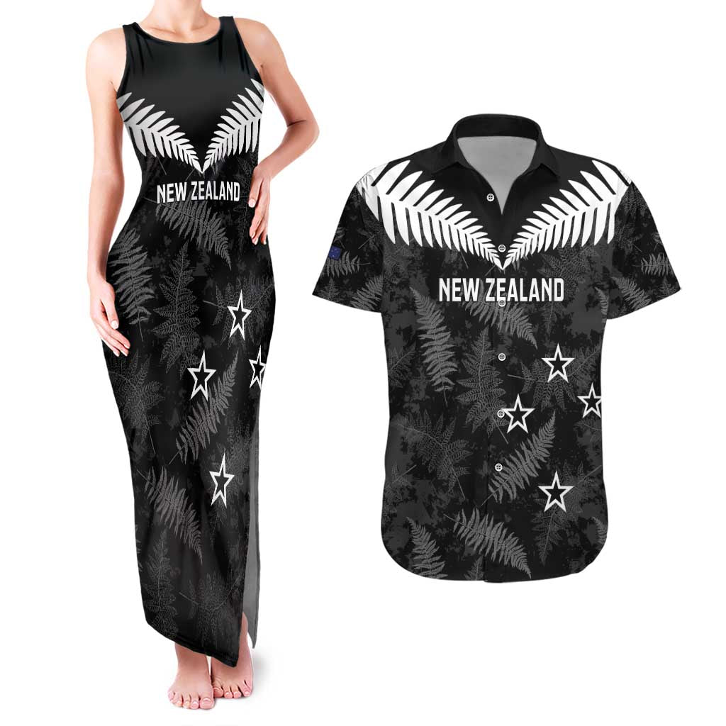 Custom New Zealand Silver Fern Football Couples Matching Tank Maxi Dress and Hawaiian Shirt Go Aotearoa Grunge Black LT14 Black - Polynesian Pride