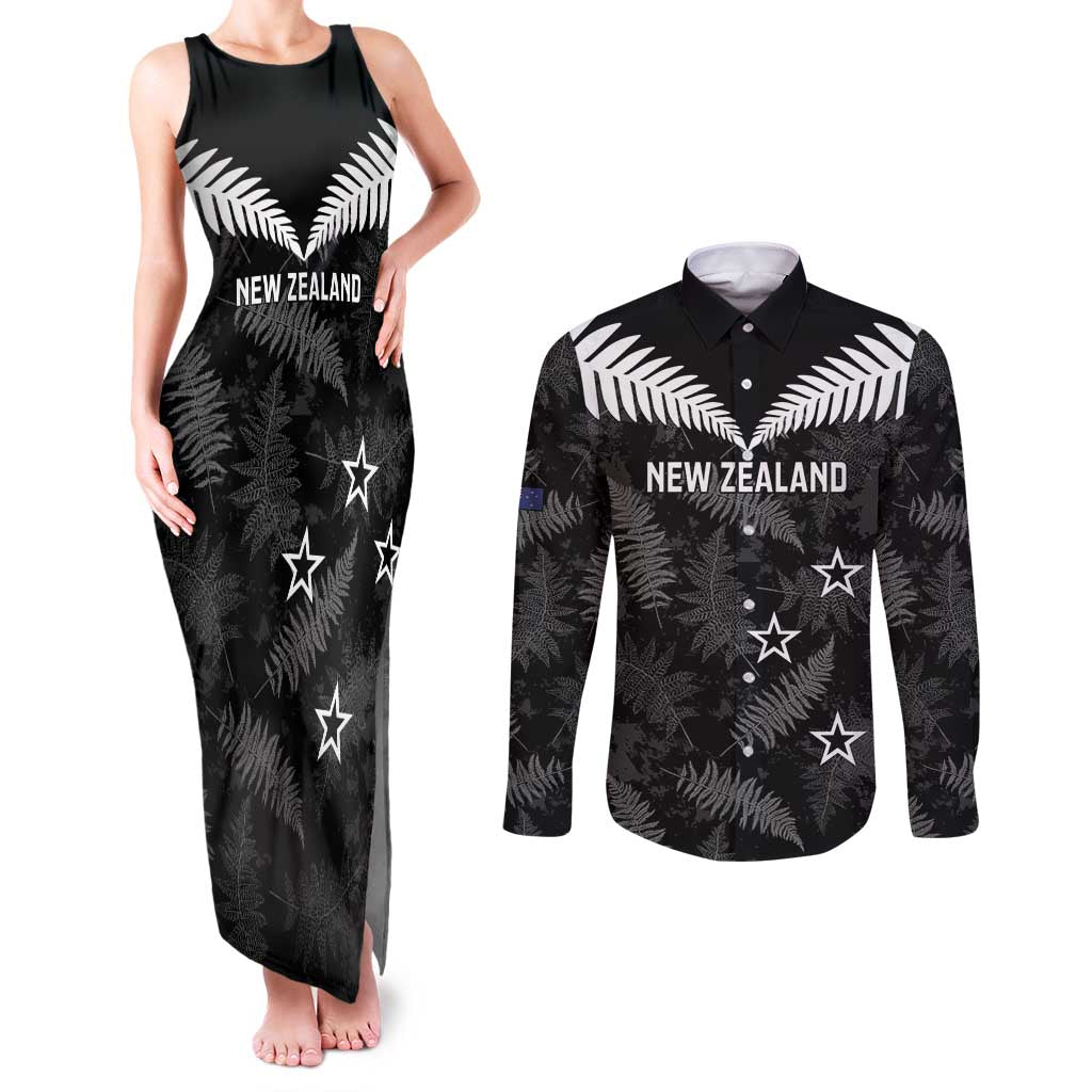 Custom New Zealand Silver Fern Football Couples Matching Tank Maxi Dress and Long Sleeve Button Shirt Go Aotearoa Grunge Black LT14 Black - Polynesian Pride
