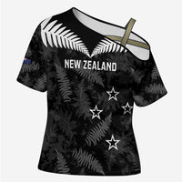 Custom New Zealand Silver Fern Football Cross Shoulder Shirt Go Aotearoa Grunge Black LT14 Female Black - Polynesian Pride