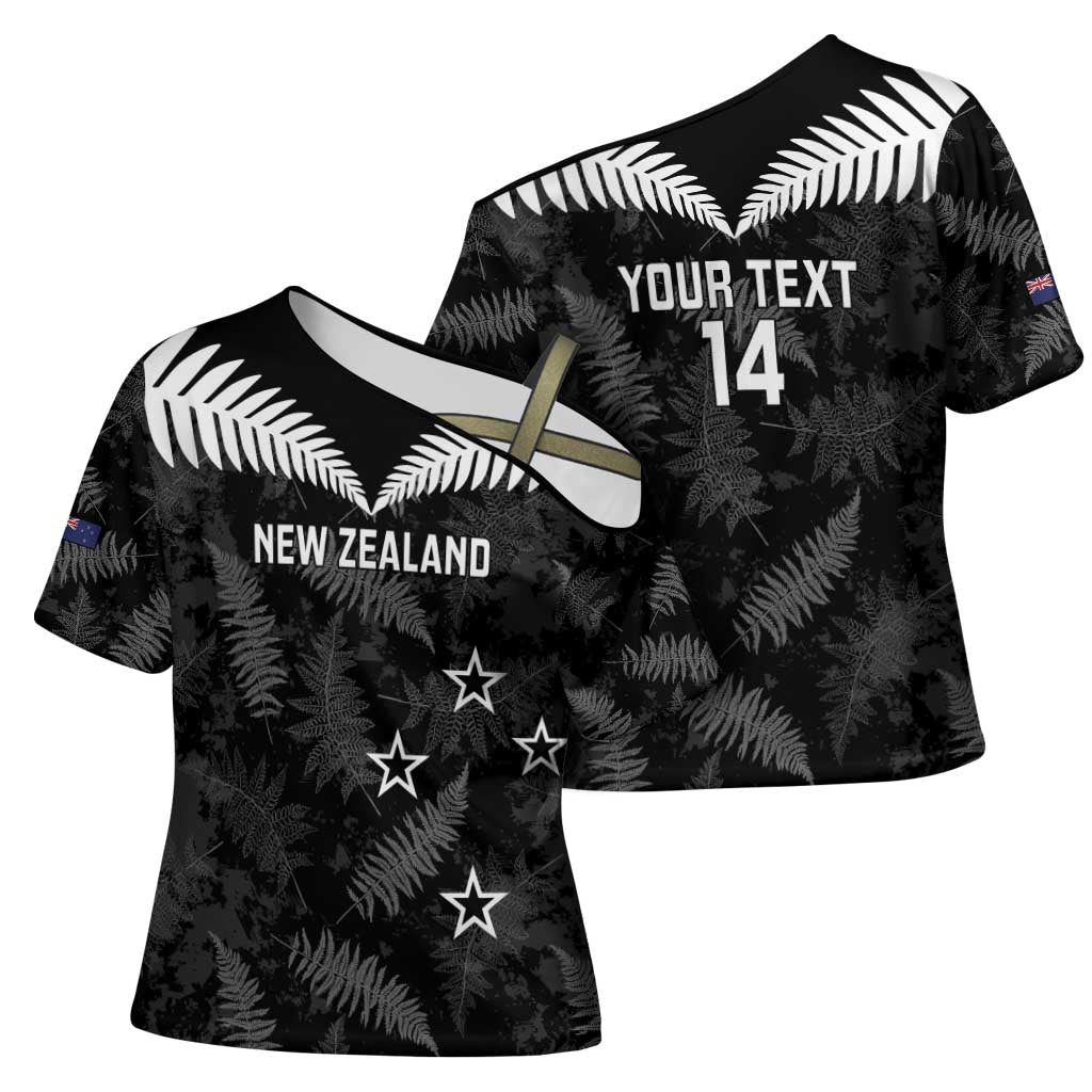 Custom New Zealand Silver Fern Football Cross Shoulder Shirt Go Aotearoa Grunge Black LT14 - Polynesian Pride