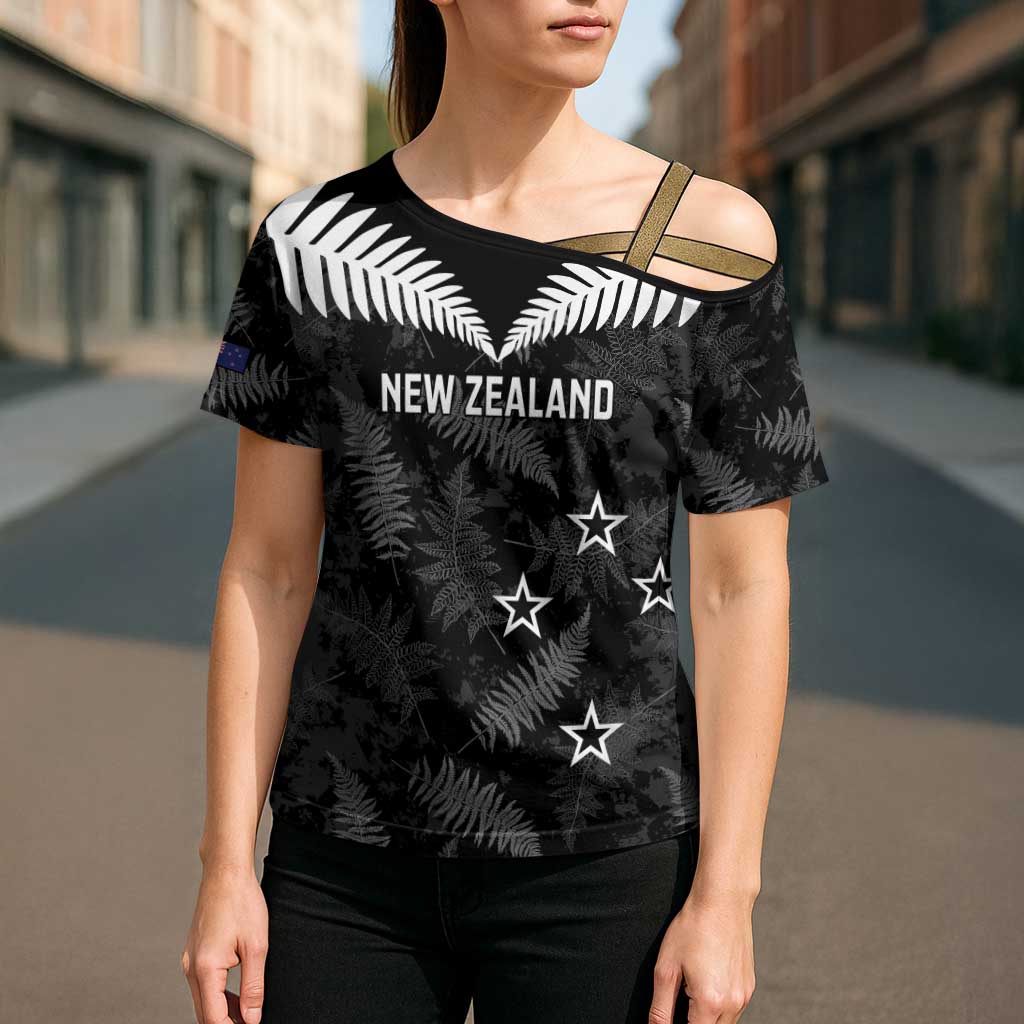 Custom New Zealand Silver Fern Football Cross Shoulder Shirt Go Aotearoa Grunge Black LT14 - Polynesian Pride