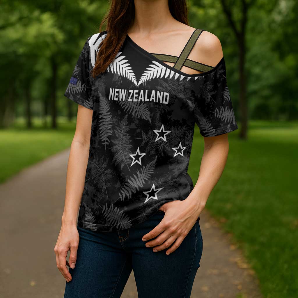 Custom New Zealand Silver Fern Football Cross Shoulder Shirt Go Aotearoa Grunge Black LT14 - Polynesian Pride