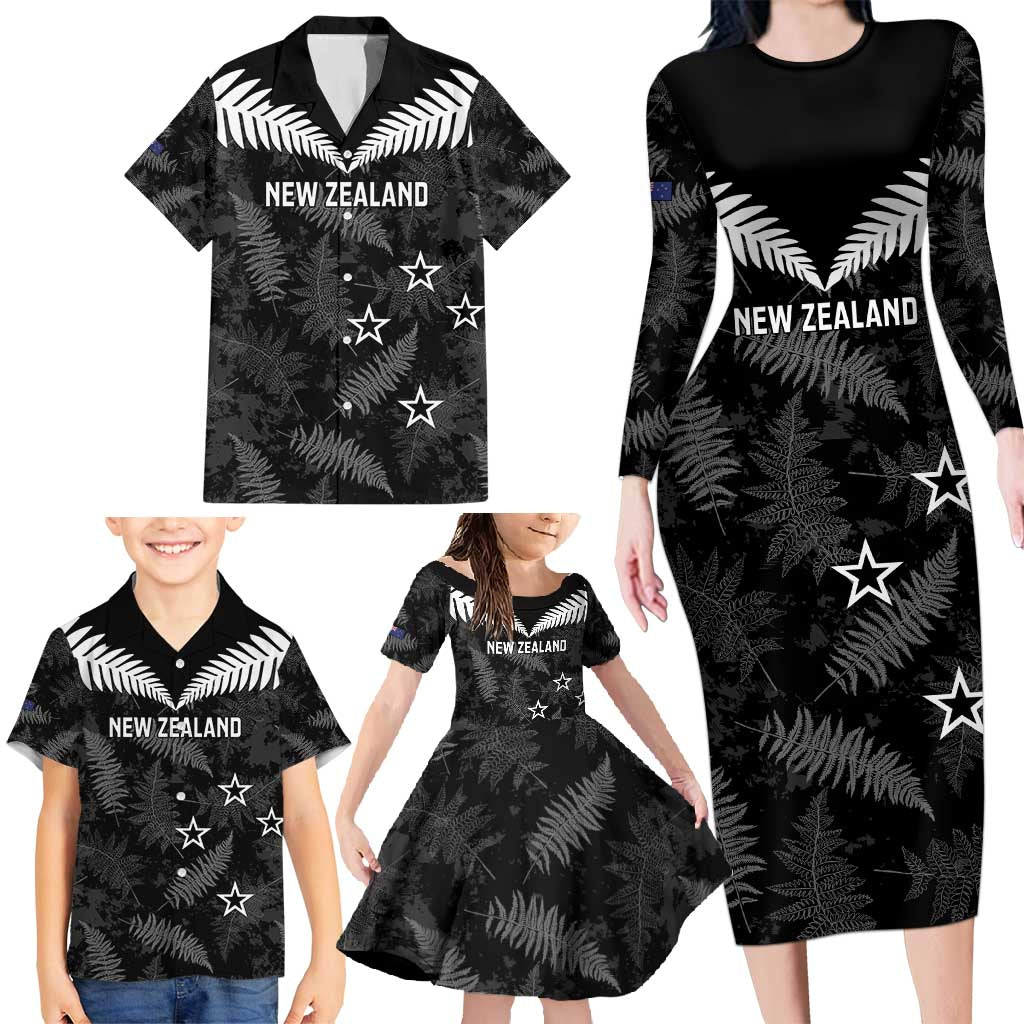 Custom New Zealand Silver Fern Football Family Matching Long Sleeve Bodycon Dress and Hawaiian Shirt Go Aotearoa Grunge Black LT14 - Polynesian Pride