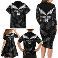 Custom New Zealand Silver Fern Football Family Matching Long Sleeve Bodycon Dress and Hawaiian Shirt Go Aotearoa Grunge Black LT14 - Polynesian Pride