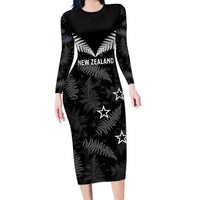 Custom New Zealand Silver Fern Football Family Matching Long Sleeve Bodycon Dress and Hawaiian Shirt Go Aotearoa Grunge Black LT14 Mom's Dress Black - Polynesian Pride
