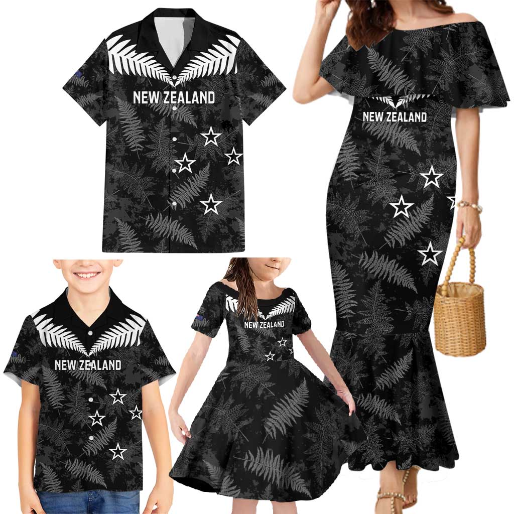 Custom New Zealand Silver Fern Football Family Matching Mermaid Dress and Hawaiian Shirt Go Aotearoa Grunge Black LT14 - Polynesian Pride