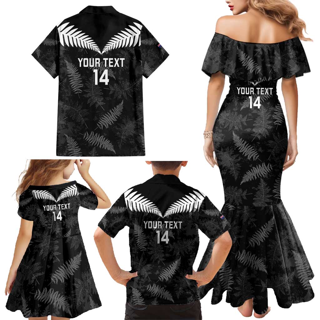 Custom New Zealand Silver Fern Football Family Matching Mermaid Dress and Hawaiian Shirt Go Aotearoa Grunge Black LT14 - Polynesian Pride