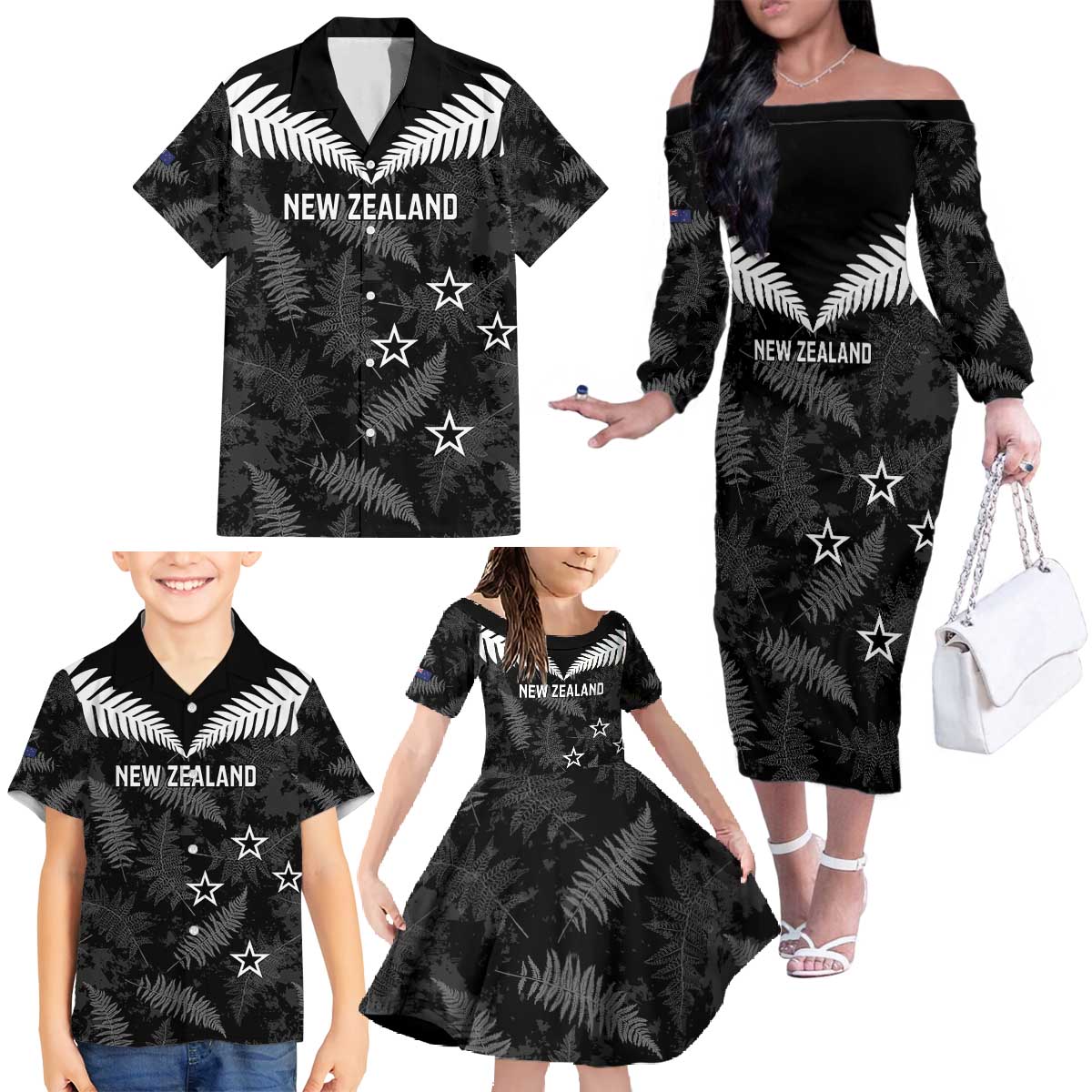 Custom New Zealand Silver Fern Football Family Matching Off The Shoulder Long Sleeve Dress and Hawaiian Shirt Go Aotearoa Grunge Black LT14 - Polynesian Pride