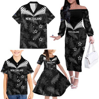 Custom New Zealand Silver Fern Football Family Matching Off The Shoulder Long Sleeve Dress and Hawaiian Shirt Go Aotearoa Grunge Black LT14 - Polynesian Pride
