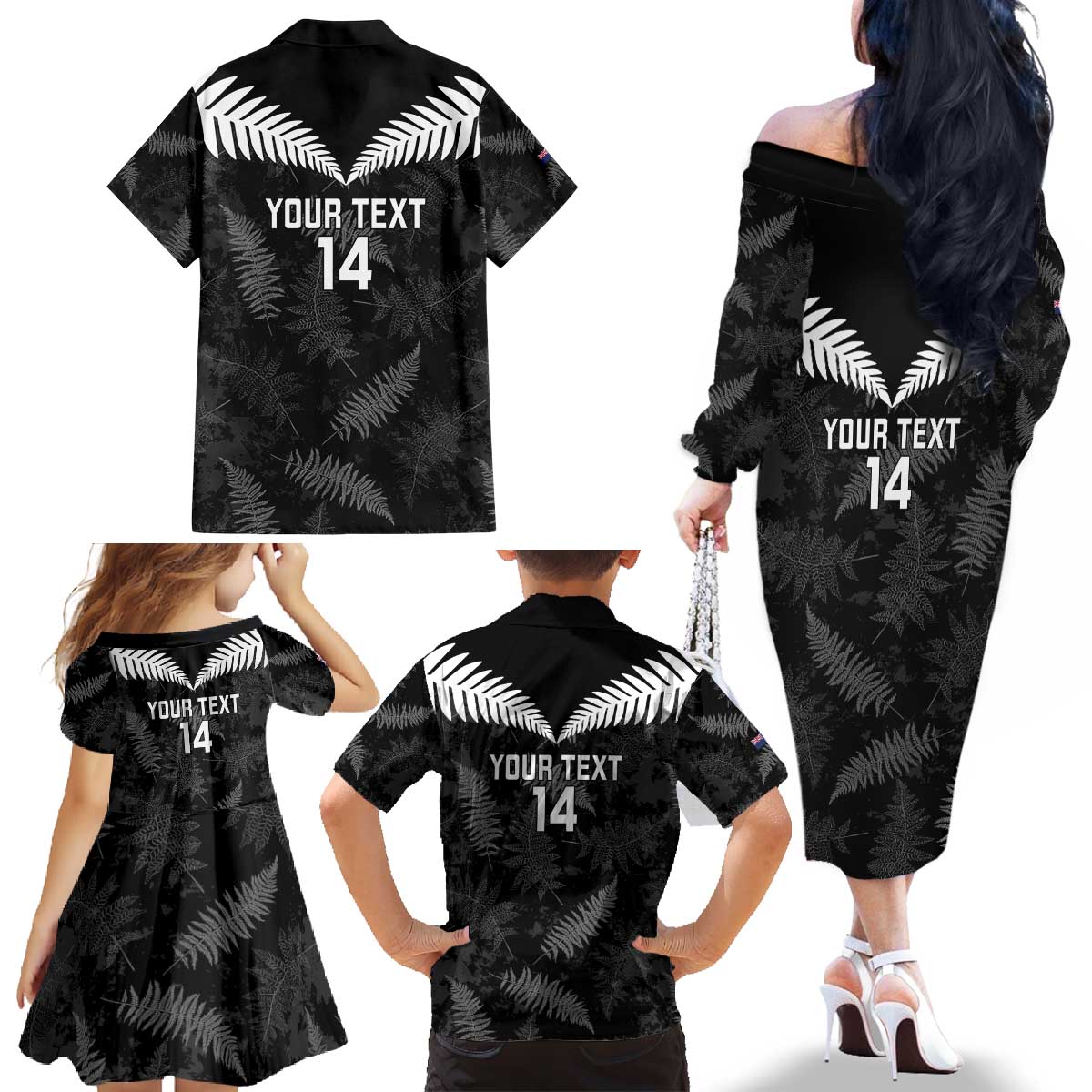 Custom New Zealand Silver Fern Football Family Matching Off The Shoulder Long Sleeve Dress and Hawaiian Shirt Go Aotearoa Grunge Black LT14 - Polynesian Pride