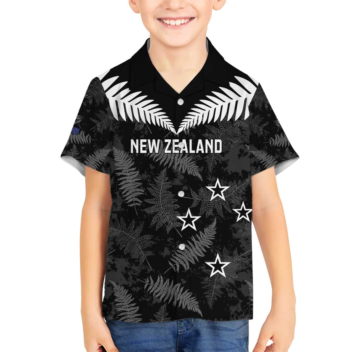 Custom New Zealand Silver Fern Football Family Matching Off The Shoulder Long Sleeve Dress and Hawaiian Shirt Go Aotearoa Grunge Black LT14 Son's Shirt Black - Polynesian Pride