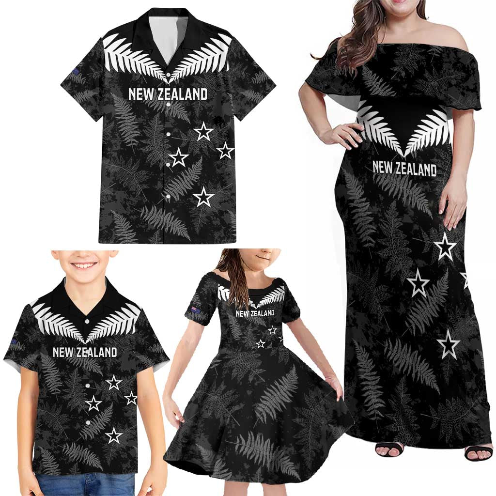 Custom New Zealand Silver Fern Football Family Matching Off Shoulder Maxi Dress and Hawaiian Shirt Go Aotearoa Grunge Black LT14 - Polynesian Pride