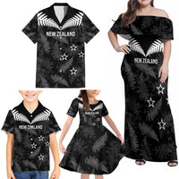 Custom New Zealand Silver Fern Football Family Matching Off Shoulder Maxi Dress and Hawaiian Shirt Go Aotearoa Grunge Black LT14 - Polynesian Pride