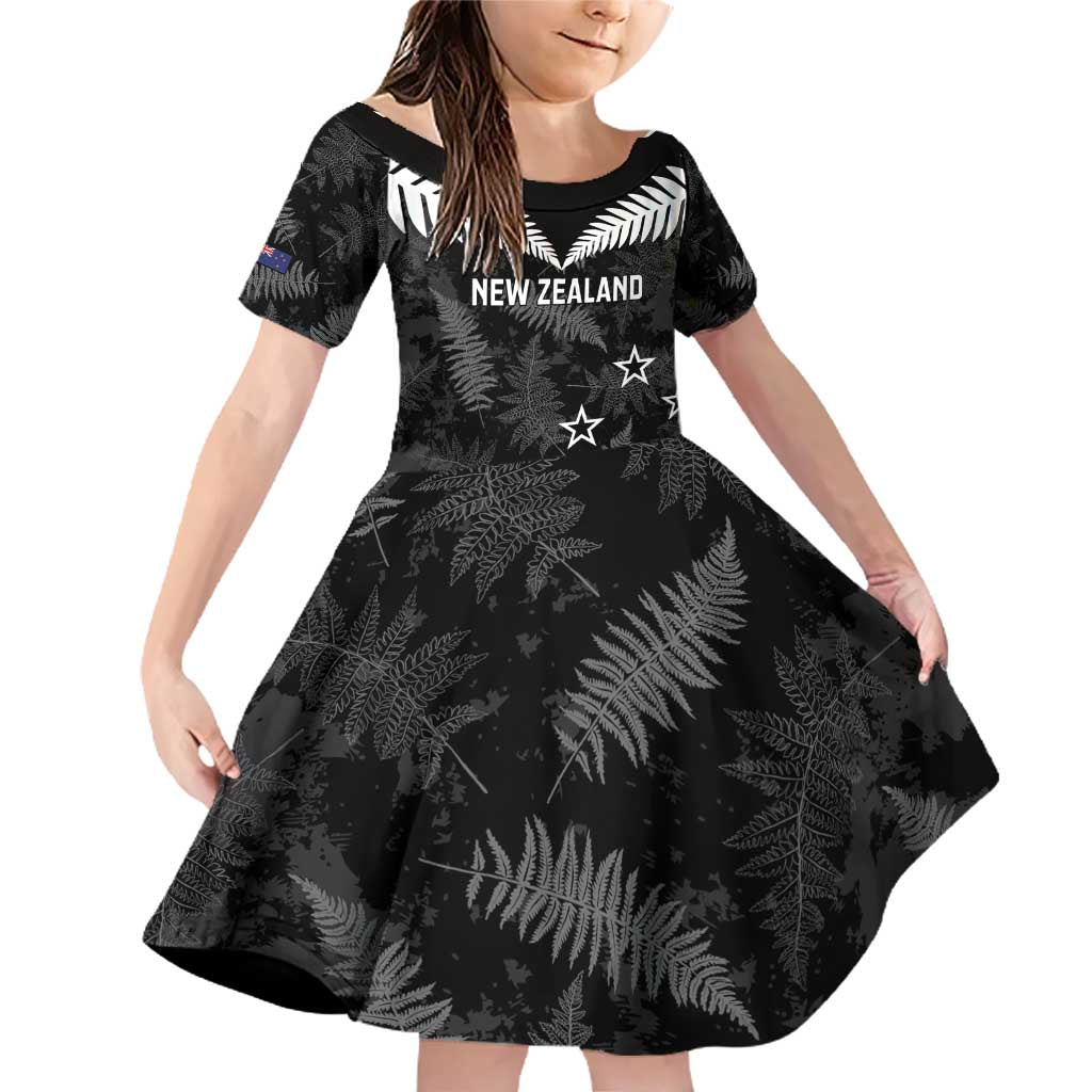 Custom New Zealand Silver Fern Football Family Matching Off Shoulder Short Dress and Hawaiian Shirt Go Aotearoa Grunge Black LT14 Daughter's Dress Black - Polynesian Pride