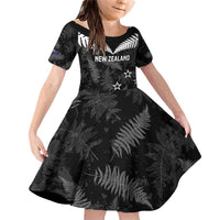Custom New Zealand Silver Fern Football Family Matching Off Shoulder Short Dress and Hawaiian Shirt Go Aotearoa Grunge Black LT14 Daughter's Dress Black - Polynesian Pride