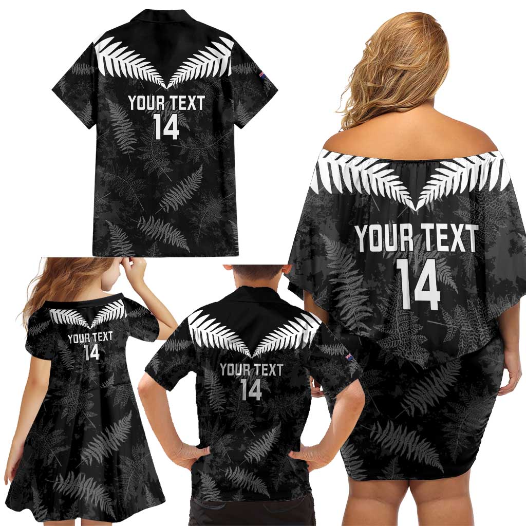 Custom New Zealand Silver Fern Football Family Matching Off Shoulder Short Dress and Hawaiian Shirt Go Aotearoa Grunge Black LT14 - Polynesian Pride