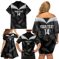 Custom New Zealand Silver Fern Football Family Matching Off Shoulder Short Dress and Hawaiian Shirt Go Aotearoa Grunge Black LT14 - Polynesian Pride